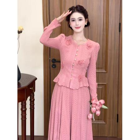 FA47691# 法式明媚温柔风秋粉色针织衫+半身裙两件套装  服裝批發女裝批發服飾貨源