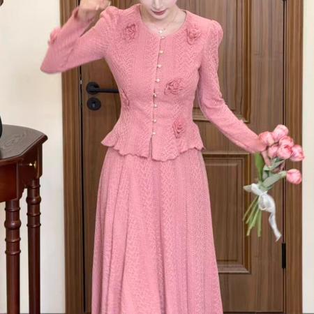 FA47691# 法式明媚温柔风秋粉色针织衫+半身裙两件套装  服裝批發女裝批發服飾貨源