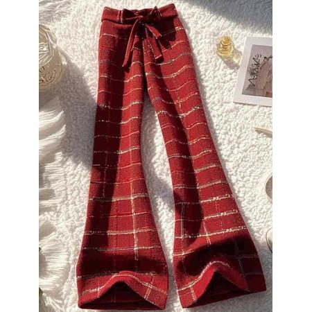 FA47693# 高级感洋气时髦别致高腰显瘦红色格纹微喇阔腿裤潮  服裝批發女裝批發服飾貨源