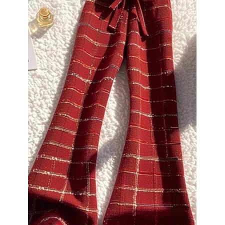 高级感洋气时髦别致高腰显瘦红色格纹微喇阔腿裤潮  服裝批發女裝批發服飾貨源