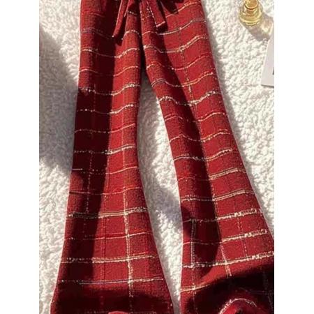 高级感洋气时髦别致高腰显瘦红色格纹微喇阔腿裤潮  服裝批發女裝批發服飾貨源