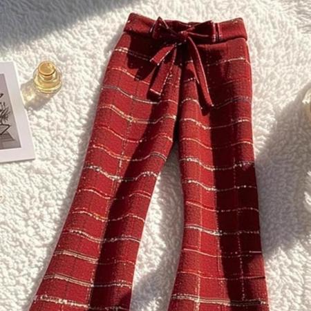 高级感洋气时髦别致高腰显瘦红色格纹微喇阔腿裤潮  服裝批發女裝批發服飾貨源