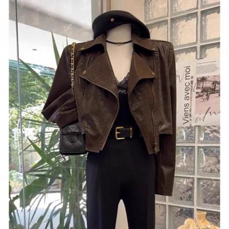 FA47695# 小个子气质休闲咖色短外套女装秋冬新款御姐又a又飒夹克上衣  服裝批發女裝批發服飾貨源