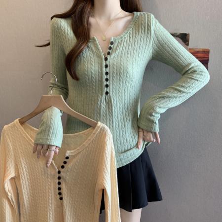 FA47696# 大码复古绿色亨利领内搭针织打底衫女冬季新款毛衣小上衣  服裝批發女裝批發服飾貨源