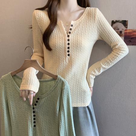 FA47696# 大码复古绿色亨利领内搭针织打底衫女冬季新款毛衣小上衣  服裝批發女裝批發服飾貨源