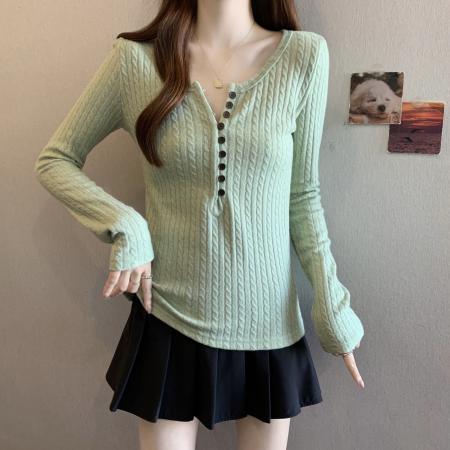 FA47696# 大码复古绿色亨利领内搭针织打底衫女冬季新款毛衣小上衣  服裝批發女裝批發服飾貨源