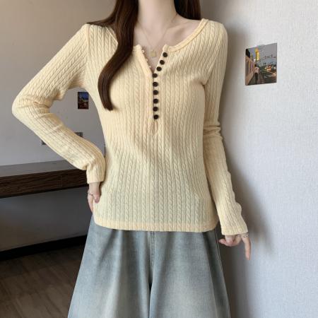 FA47696# 大码复古绿色亨利领内搭针织打底衫女冬季新款毛衣小上衣  服裝批發女裝批發服飾貨源