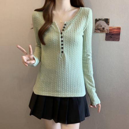 FA47696# 大码复古绿色亨利领内搭针织打底衫女冬季新款毛衣小上衣  服裝批發女裝批發服飾貨源