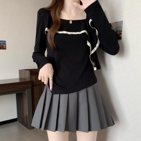 FA47697# 大码黑色方领长袖T恤女秋季新款设计感荷叶边不规则上衣  服裝批發女裝批發服飾貨源