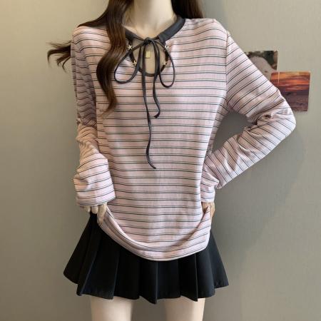 FA47698# 大码粉色条纹圆领T恤女秋气质宽松休闲显瘦长袖内搭上衣  服裝批發女裝批發服飾貨源