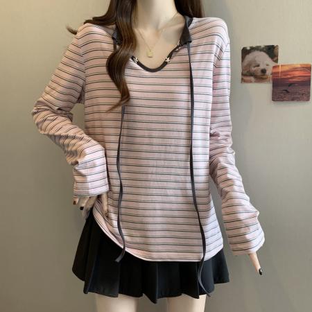 FA47698# 大码粉色条纹圆领T恤女秋气质宽松休闲显瘦长袖内搭上衣  服裝批發女裝批發服飾貨源