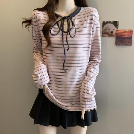 FA47698# 大码粉色条纹圆领T恤女秋气质宽松休闲显瘦长袖内搭上衣  服裝批發女裝批發服飾貨源