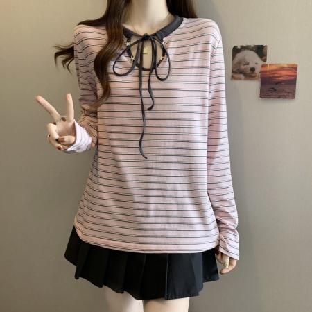 FA47698# 大码粉色条纹圆领T恤女秋气质宽松休闲显瘦长袖内搭上衣  服裝批發女裝批發服飾貨源