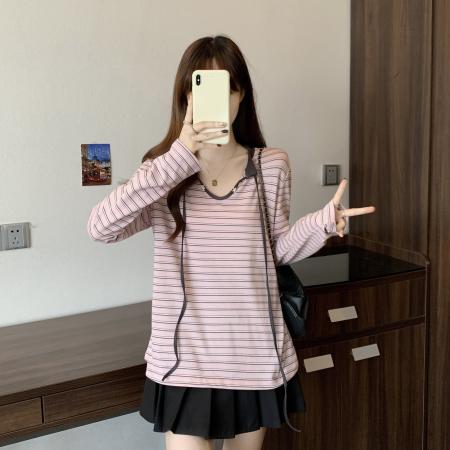 FA47698# 大码粉色条纹圆领T恤女秋气质宽松休闲显瘦长袖内搭上衣  服裝批發女裝批發服飾貨源