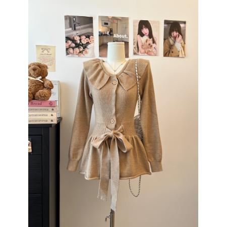 FA47700# 温柔风法式荷叶边长袖针织衫秋冬收腰显瘦系带修身显瘦上衣  服裝批發女裝批發服飾貨源