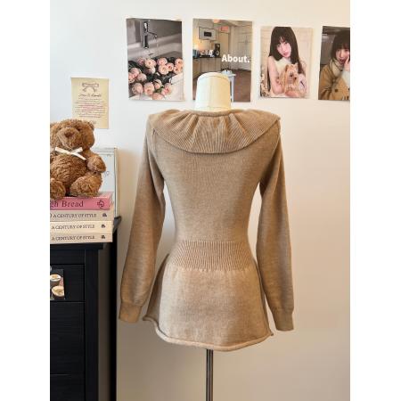 FA47700# 温柔风法式荷叶边长袖针织衫秋冬收腰显瘦系带修身显瘦上衣  服裝批發女裝批發服飾貨源