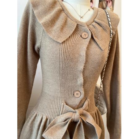 FA47700# 温柔风法式荷叶边长袖针织衫秋冬收腰显瘦系带修身显瘦上衣  服裝批發女裝批發服飾貨源