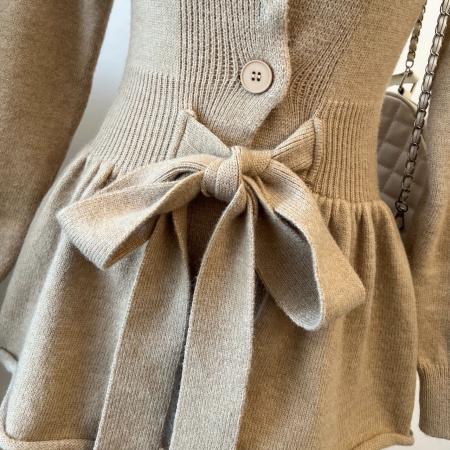 FA47700# 温柔风法式荷叶边长袖针织衫秋冬收腰显瘦系带修身显瘦上衣  服裝批發女裝批發服飾貨源