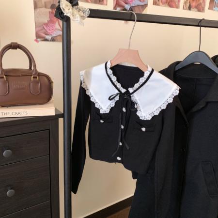 法式小香风娃娃领针织衫秋冬设计感撞色单排扣短款毛衣上衣  服裝批發女裝批發服飾貨源