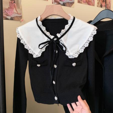 FA47701# 法式小香风娃娃领针织衫秋冬设计感撞色单排扣短款毛衣上衣  服裝批發女裝批發服飾貨源