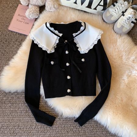 FA47701# 法式小香风娃娃领针织衫秋冬设计感撞色单排扣短款毛衣上衣  服裝批發女裝批發服飾貨源