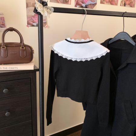 FA47701# 法式小香风娃娃领针织衫秋冬设计感撞色单排扣短款毛衣上衣  服裝批發女裝批發服飾貨源