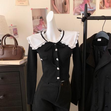 FA47701# 法式小香风娃娃领针织衫秋冬设计感撞色单排扣短款毛衣上衣  服裝批發女裝批發服飾貨源