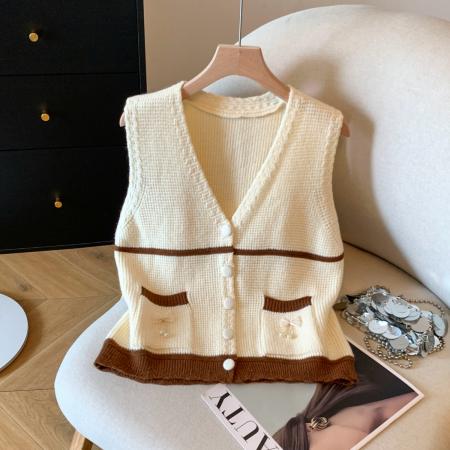 冬季新款背心马甲开衫撞色坎肩宽松百搭上衣  服裝批發女裝批發服飾貨源