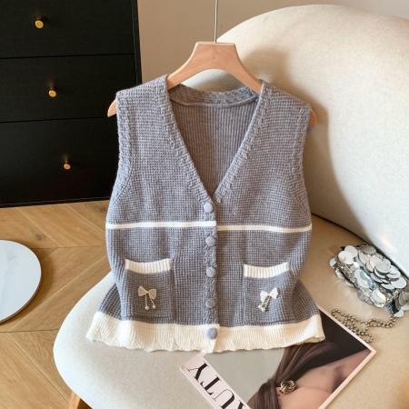 FA47703# 冬季新款背心马甲开衫撞色坎肩宽松百搭上衣  服裝批發女裝批發服飾貨源