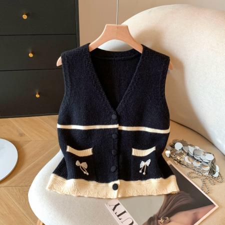 FA47703# 冬季新款背心马甲开衫撞色坎肩宽松百搭上衣  服裝批發女裝批發服飾貨源