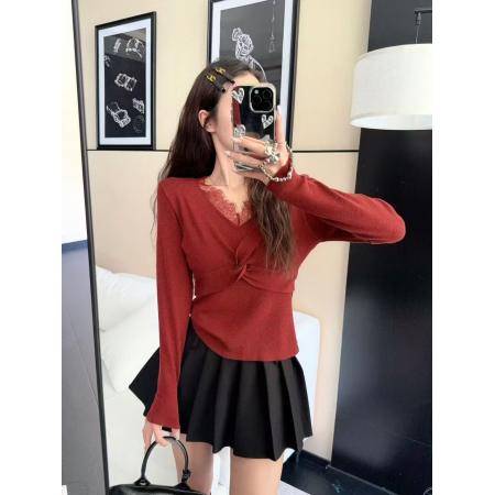 FA47704# 秋冬新款打底针织衫蕾丝拼接V领假两件上衣女修身内搭  服裝批發女裝批發服飾貨源