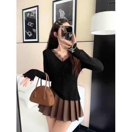 FA47704# 秋冬新款打底针织衫蕾丝拼接V领假两件上衣女修身内搭  服裝批發女裝批發服飾貨源