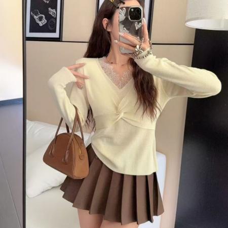FA47704# 秋冬新款打底针织衫蕾丝拼接V领假两件上衣女修身内搭  服裝批發女裝批發服飾貨源