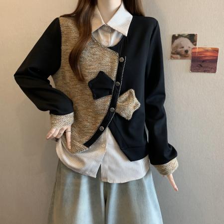 FA47705# 大码高端精致撞色设计感假两件拼接别致显瘦气质百搭长袖秋冬卫衣  服裝批發女裝批發服飾貨源