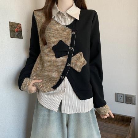 FA47705# 大码高端精致撞色设计感假两件拼接别致显瘦气质百搭长袖秋冬卫衣  服裝批發女裝批發服飾貨源