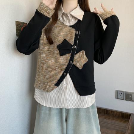 FA47705# 大码高端精致撞色设计感假两件拼接别致显瘦气质百搭长袖秋冬卫衣  服裝批發女裝批發服飾貨源