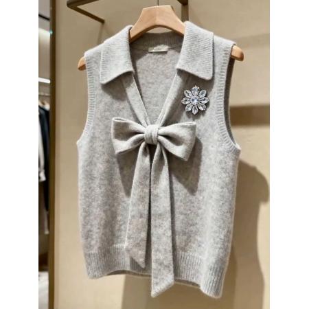 FA47706# 马甲新款今年流行爆款独特超好看气质叠穿蝴蝶结灰色针织背心  服裝批發女裝批發服飾貨源