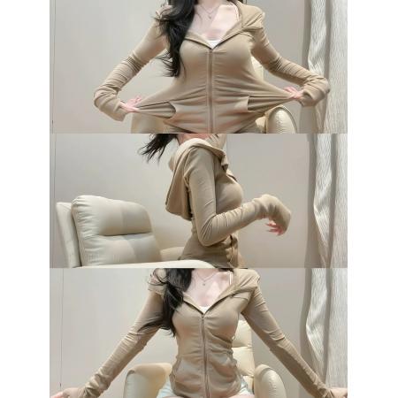 FA47708# 卡其色修身连帽外套休闲卫衣开衫女新款爆款时尚洋气秋季上衣  服裝批發女裝批發服飾貨源