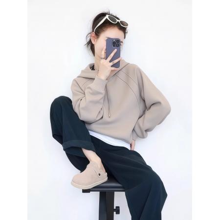 FA47709# 灰色加绒宽松抽绳连帽套头卫衣女秋冬季小个子巨好看洋气上衣  服裝批發女裝批發服飾貨源