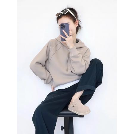 FA47709# 灰色加绒宽松抽绳连帽套头卫衣女秋冬季小个子巨好看洋气上衣  服裝批發女裝批發服飾貨源