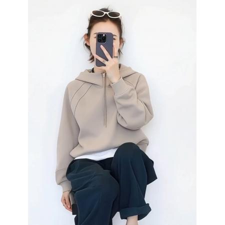 FA47709# 灰色加绒宽松抽绳连帽套头卫衣女秋冬季小个子巨好看洋气上衣  服裝批發女裝批發服飾貨源