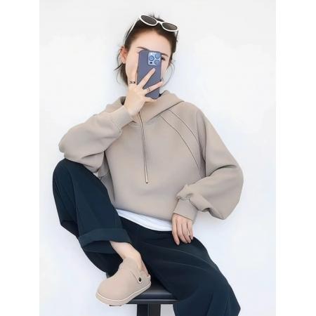 FA47709# 灰色加绒宽松抽绳连帽套头卫衣女秋冬季小个子巨好看洋气上衣  服裝批發女裝批發服飾貨源