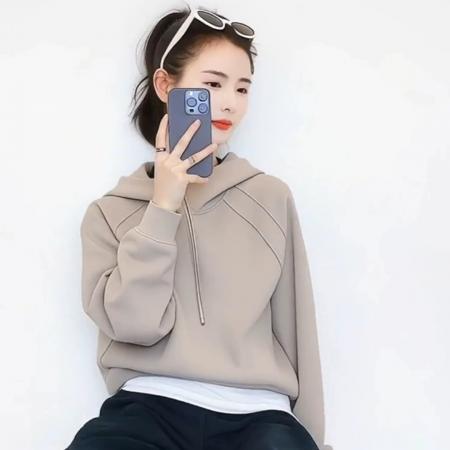 FA47709# 灰色加绒宽松抽绳连帽套头卫衣女秋冬季小个子巨好看洋气上衣  服裝批發女裝批發服飾貨源