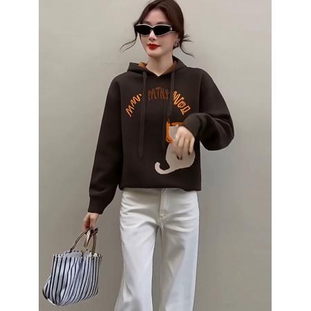 FA47710# 独特超好看咖色印花连帽卫衣女款秋冬季新款美拉德穿搭上衣  服裝批發女裝批發服飾貨源