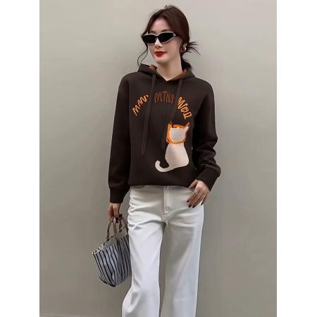 FA47710# 独特超好看咖色印花连帽卫衣女款秋冬季新款美拉德穿搭上衣  服裝批發女裝批發服飾貨源