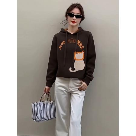 FA47710# 独特超好看咖色印花连帽卫衣女款秋冬季新款美拉德穿搭上衣  服裝批發女裝批發服飾貨源
