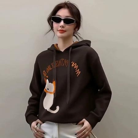 FA47710# 独特超好看咖色印花连帽卫衣女款秋冬季新款美拉德穿搭上衣  服裝批發女裝批發服飾貨源