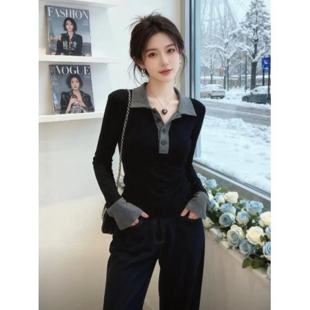 FA47711# 黑灰色polo领修身内搭长袖T恤女新款早秋季可外穿高级感上衣  服裝批發女裝批發服飾貨源