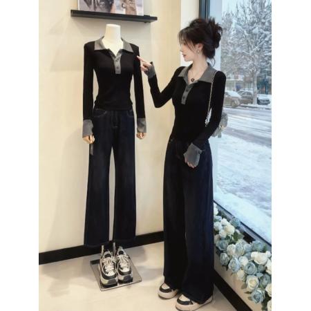 FA47711# 黑灰色polo领修身内搭长袖T恤女新款早秋季可外穿高级感上衣  服裝批發女裝批發服飾貨源