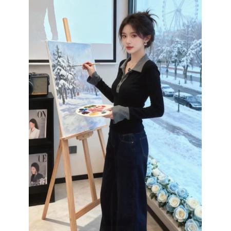 FA47711# 黑灰色polo领修身内搭长袖T恤女新款早秋季可外穿高级感上衣  服裝批發女裝批發服飾貨源